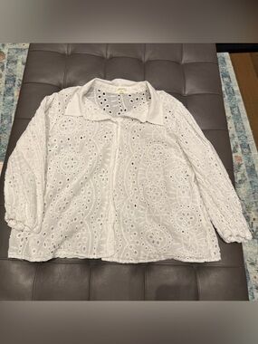 New Ultra Pink Brand White Eyelet Button-Up Blouse - 3X